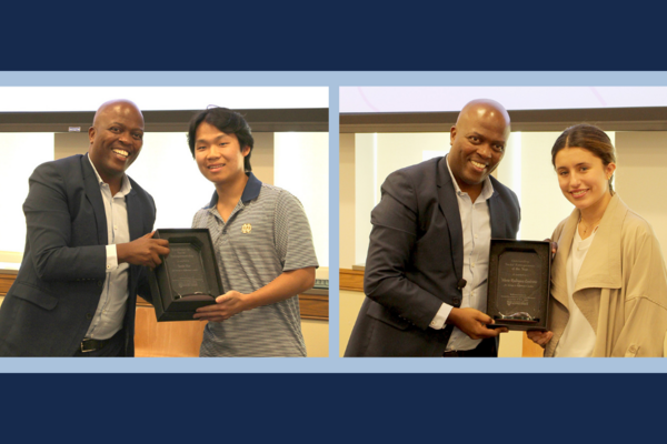 graphic with two photos. photo on left: Luvuyo Rani with Justin Hur receiving the excellence in social entrepreneurship award. Photo on right: Luvuyo Rani and Maria Rodriguez receiving the award for Oustanding Social Entrepreneur of the Year award.