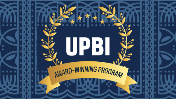 Graphic with a laurel wreath that says "UPBI Award Winning Program"